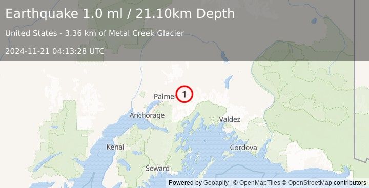 Earthquake 18 km SSE of Chickaloon, Alaska (1.0 ml) (2024-11-21 04:13:28 UTC)