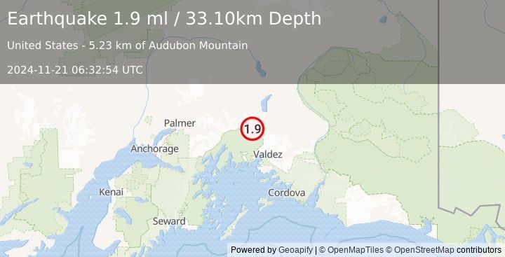 Earthquake 50 km NNW of Valdez, Alaska (1.9 ml) (2024-11-21 06:32:54 UTC)