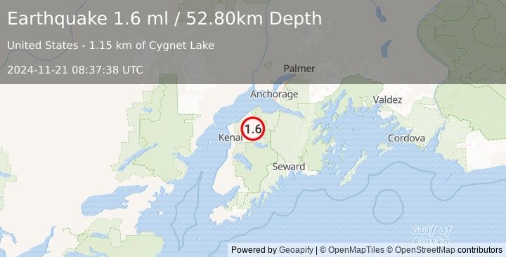 Earthquake 20 km NE of Sterling, Alaska (1.6 ml) (2024-11-21 08:37:38 UTC)