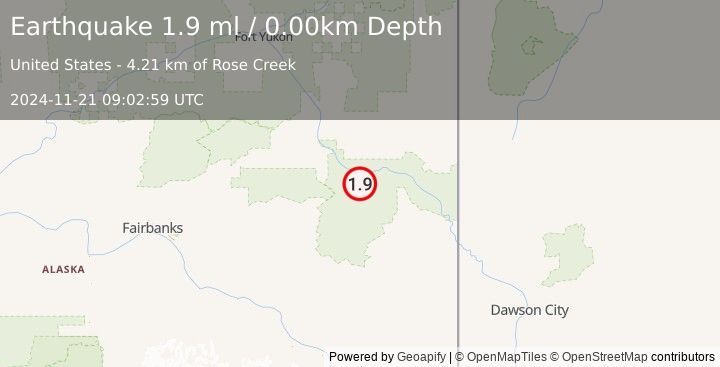 Earthquake 76 km SSE of Circle, Alaska (1.9 ml) (2024-11-21 09:02:59 UTC)