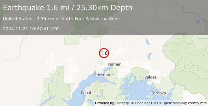 Earthquake 17 km S of Susitna North, Alaska (1.6 ml) (2024-11-21 10:27:41 UTC)