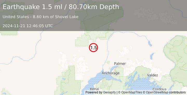 Earthquake 27 km N of Skwentna, Alaska (1.5 ml) (2024-11-21 12:46:05 UTC)