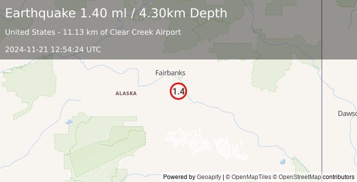 Earthquake 22 km W of Salcha, Alaska (1.4 ml) (2024-11-21 12:54:24 UTC)