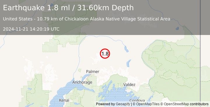 Earthquake 51 km NNE of Chickaloon, Alaska (1.8 ml) (2024-11-21 14:20:19 UTC)