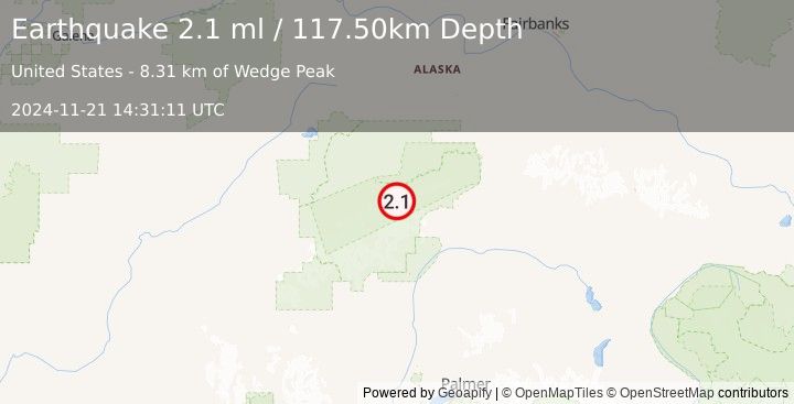 Earthquake 68 km ESE of Denali National Park, Alaska (2.1 ml) (2024-11-21 14:31:11 UTC)