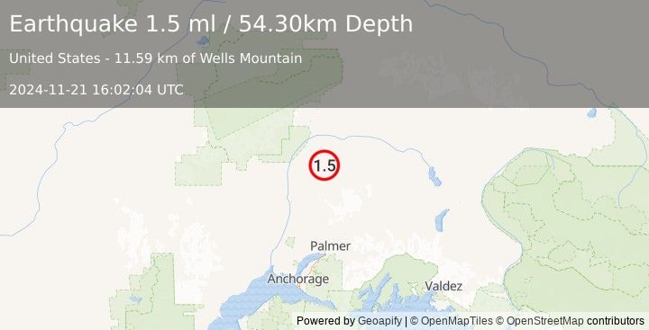 Earthquake 44 km E of Chase, Alaska (1.5 ml) (2024-11-21 16:02:04 UTC)