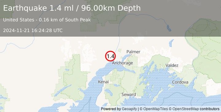 Earthquake 16 km SW of Susitna, Alaska (1.4 ml) (2024-11-21 16:24:28 UTC)