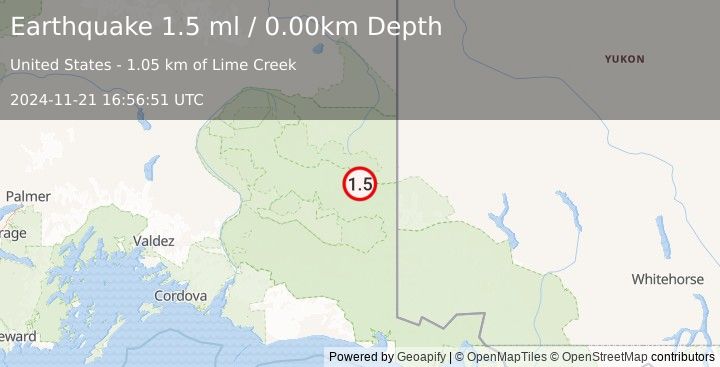 Earthquake 67 km ENE of McCarthy, Alaska (1.5 ml) (2024-11-21 16:56:51 UTC)