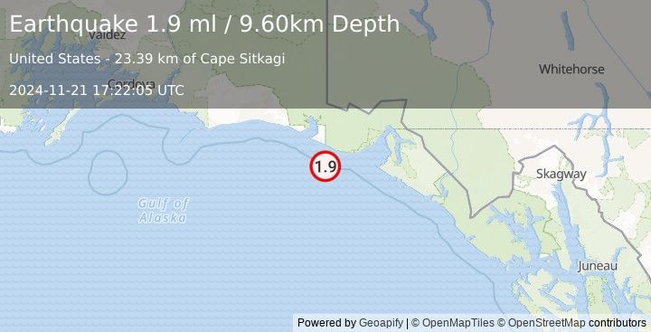 Earthquake 74 km W of Yakutat, Alaska (1.9 ml) (2024-11-21 17:22:05 UTC)