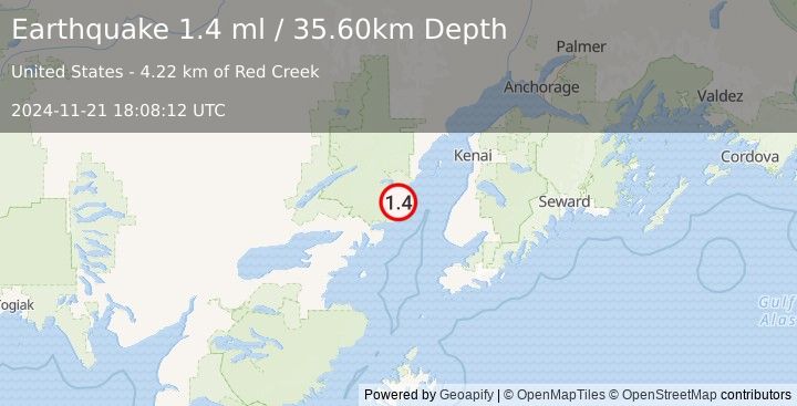 Earthquake 57 km WNW of Happy Valley, Alaska (1.4 ml) (2024-11-21 18:08:12 UTC)