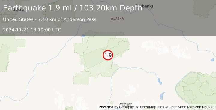 Earthquake 72 km WSW of Cantwell, Alaska (1.9 ml) (2024-11-21 18:19:00 UTC)