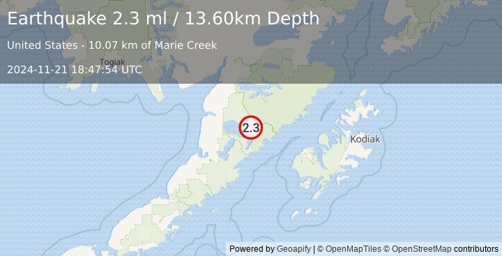 Earthquake 85 km ESE of Egegik, Alaska (2.3 ml) (2024-11-21 18:47:54 UTC)