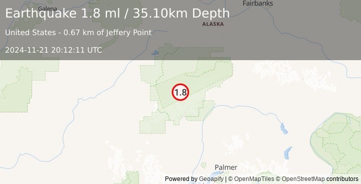 Earthquake 55 km SE of Denali National Park, Alaska (1.8 ml) (2024-11-21 20:12:11 UTC)