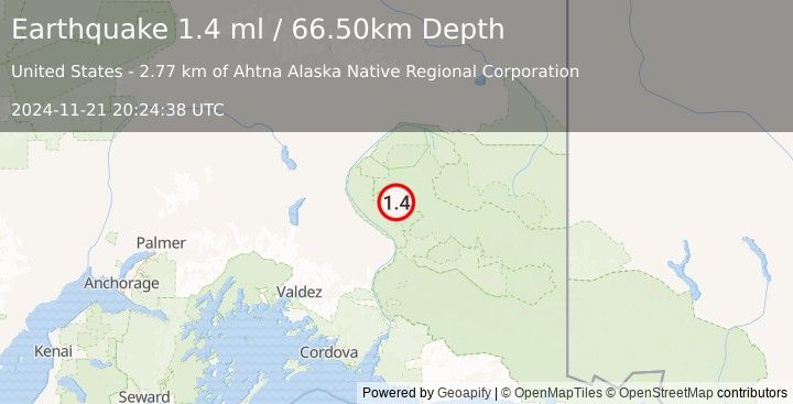 Earthquake 40 km NE of Kenny Lake, Alaska (1.4 ml) (2024-11-21 20:24:38 UTC)