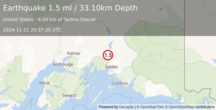 Earthquake 47 km NNW of Valdez, Alaska (1.5 ml) (2024-11-21 20:37:35 UTC)