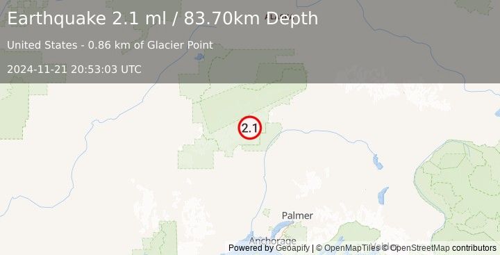 Earthquake 44 km N of Petersville, Alaska (2.1 ml) (2024-11-21 20:53:03 UTC)