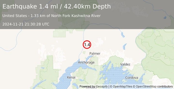 Earthquake 20 km S of Susitna North, Alaska (1.4 ml) (2024-11-21 21:30:28 UTC)