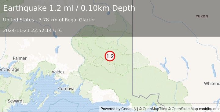 Earthquake 31 km NNE of McCarthy, Alaska (1.2 ml) (2024-11-21 22:52:14 UTC)