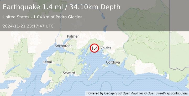 Earthquake 44 km NW of Tatitlek, Alaska (1.4 ml) (2024-11-21 23:17:47 UTC)