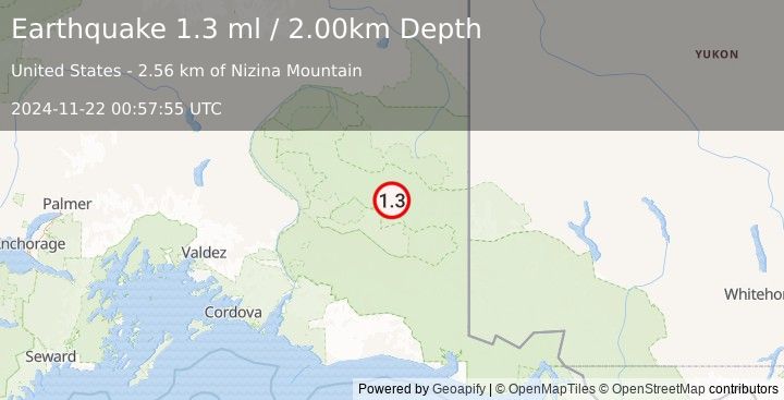 Earthquake 29 km NE of McCarthy, Alaska (1.3 ml) (2024-11-22 00:57:55 UTC)