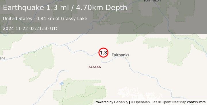 Earthquake 30 km SSE of Minto, Alaska (1.3 ml) (2024-11-22 02:21:50 UTC)