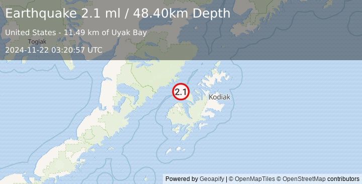 Earthquake 40 km N of Larsen Bay, Alaska (2.1 ml) (2024-11-22 03:20:57 UTC)