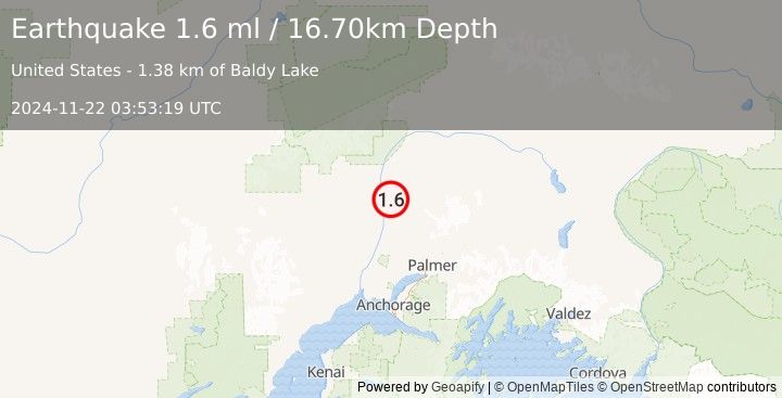 Earthquake 8 km NNW of Susitna North, Alaska (1.6 ml) (2024-11-22 03:53:19 UTC)