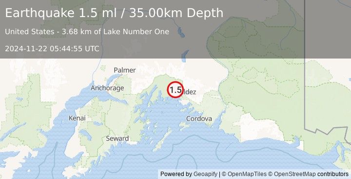 Earthquake 26 km WNW of Valdez, Alaska (1.5 ml) (2024-11-22 05:44:55 UTC)