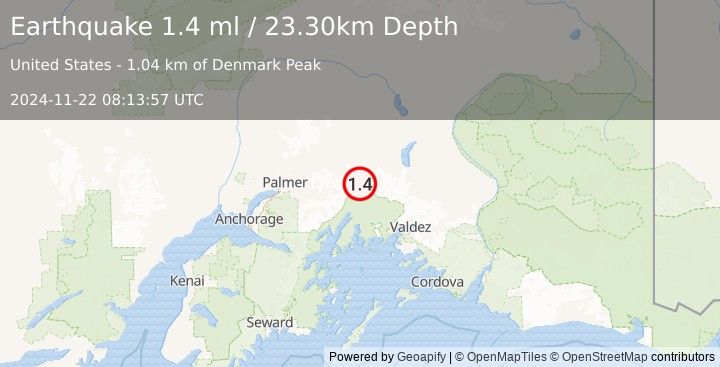 Earthquake 26 km SSE of Glacier View, Alaska (1.4 ml) (2024-11-22 08:13:57 UTC)