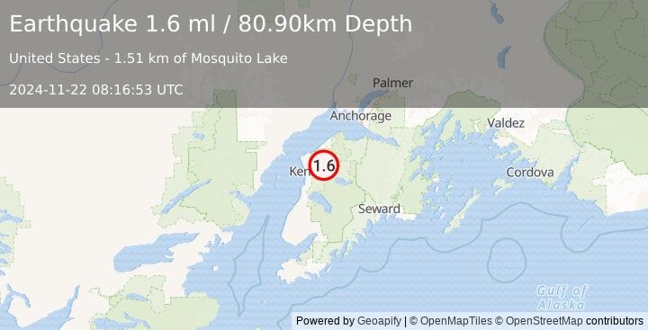 Earthquake 10 km N of Sterling, Alaska (1.6 ml) (2024-11-22 08:16:53 UTC)