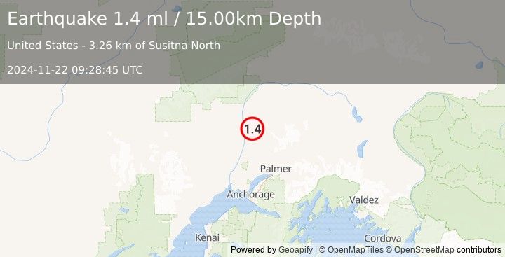 Earthquake 3 km N of Susitna North, Alaska (1.4 ml) (2024-11-22 09:28:45 UTC)