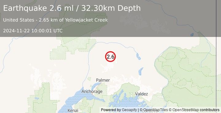 Earthquake 66 km N of Chickaloon, Alaska (2.6 ml) (2024-11-22 10:00:01 UTC)