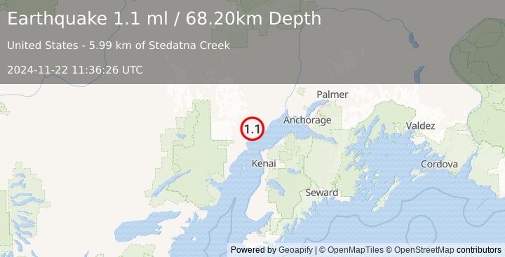 Earthquake 25 km W of Tyonek, Alaska (1.1 ml) (2024-11-22 11:36:26 UTC)