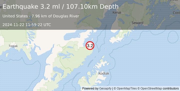 Earthquake 72 km SE of Pope-Vannoy Landing, Alaska (3.2 ml) (2024-11-22 11:59:22 UTC)