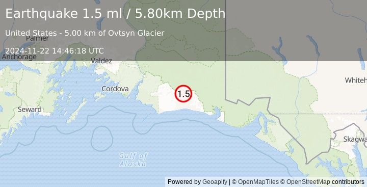 Earthquake 111 km S of McCarthy, Alaska (1.5 ml) (2024-11-22 14:46:18 UTC)