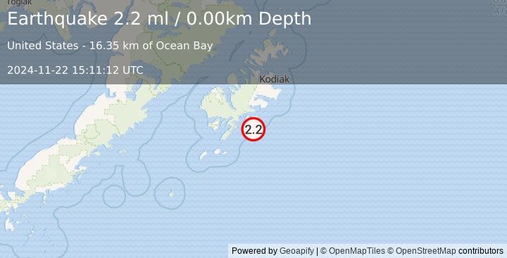 Earthquake 32 km SSE of Old Harbor, Alaska (2.2 ml) (2024-11-22 15:11:12 UTC)