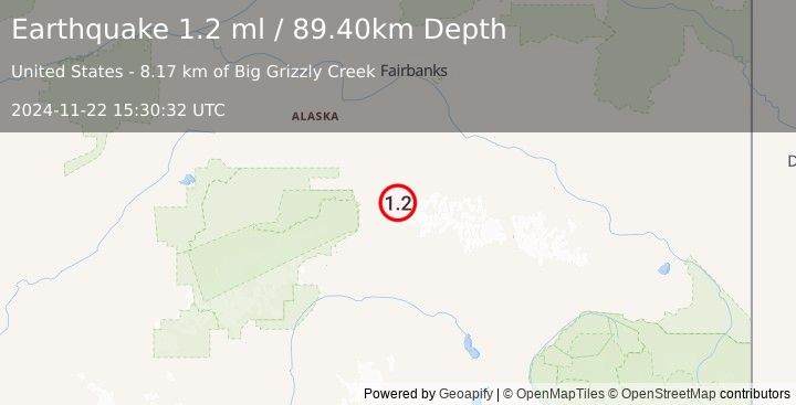 Earthquake 43 km E of Denali Park, Alaska (1.2 ml) (2024-11-22 15:30:32 UTC)