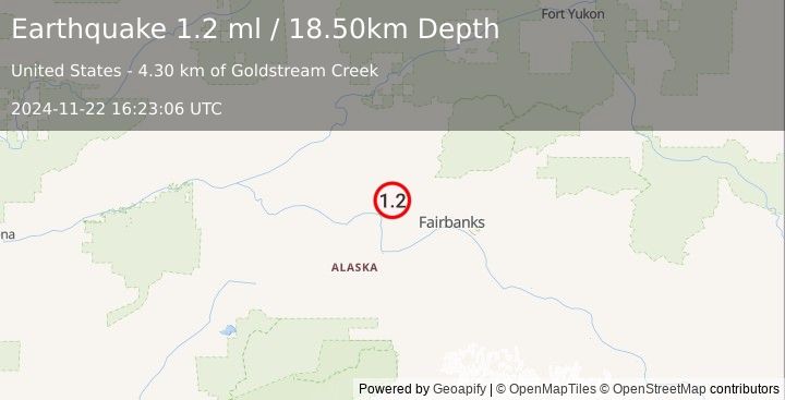 Earthquake 25 km SE of Minto, Alaska (1.2 ml) (2024-11-22 16:23:06 UTC)