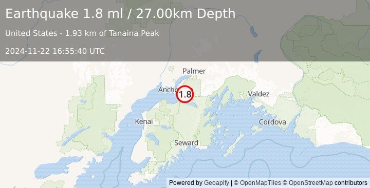 Earthquake 16 km SSE of Elmendorf Air Force Base, Alaska (1.8 ml) (2024-11-22 16:55:40 UTC)