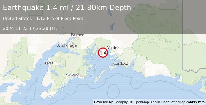 Earthquake 25 km WNW of Tatitlek, Alaska (1.4 ml) (2024-11-22 17:33:28 UTC)