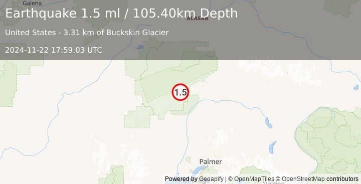 Earthquake 60 km NNE of Petersville, Alaska (1.5 ml) (2024-11-22 17:59:03 UTC)