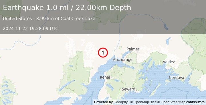 Earthquake 40 km NNW of Beluga, Alaska (1.0 ml) (2024-11-22 19:28:09 UTC)