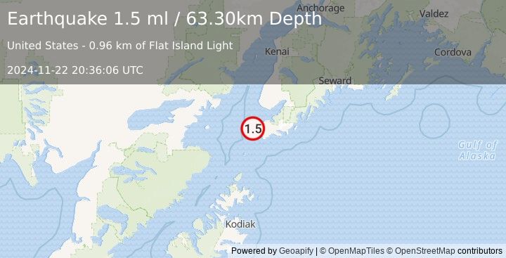 Earthquake 5 km WSW of Nanwalek, Alaska (1.5 ml) (2024-11-22 20:36:06 UTC)