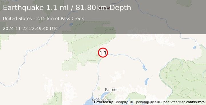 Earthquake 55 km NNE of Chase, Alaska (1.1 ml) (2024-11-22 22:49:40 UTC)