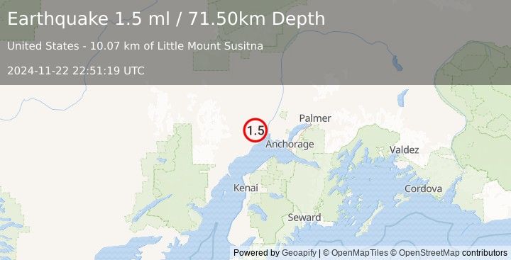 Earthquake 27 km WSW of Susitna, Alaska (1.5 ml) (2024-11-22 22:51:19 UTC)