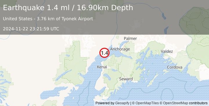 Earthquake 3 km E of Tyonek, Alaska (1.4 ml) (2024-11-22 23:21:59 UTC)