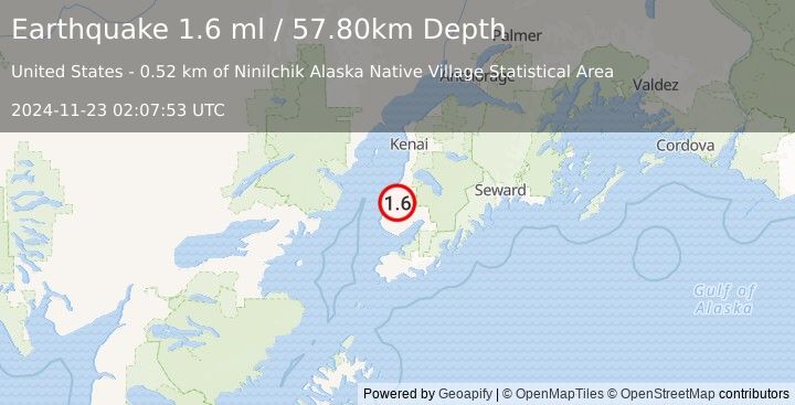 Earthquake 13 km SE of Ninilchik, Alaska (1.6 ml) (2024-11-23 02:07:53 UTC)