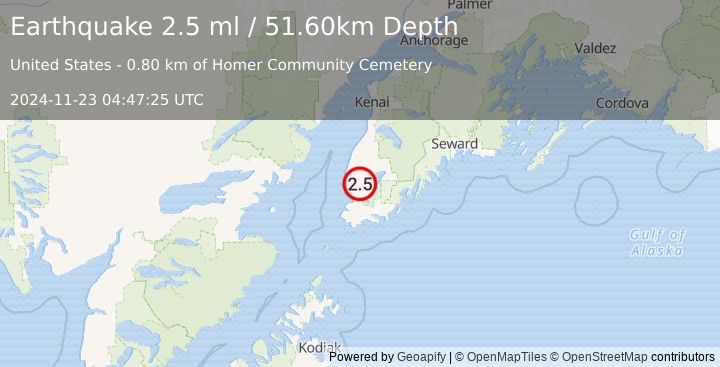 Earthquake 2 km NE of Homer, Alaska (2.5 ml) (2024-11-23 04:47:25 UTC)