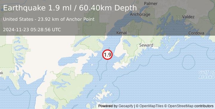 Earthquake 26 km W of Anchor Point, Alaska (1.9 ml) (2024-11-23 05:28:56 UTC)