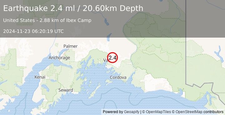 Earthquake 14 km NE of Valdez, Alaska (2.4 ml) (2024-11-23 06:20:19 UTC)